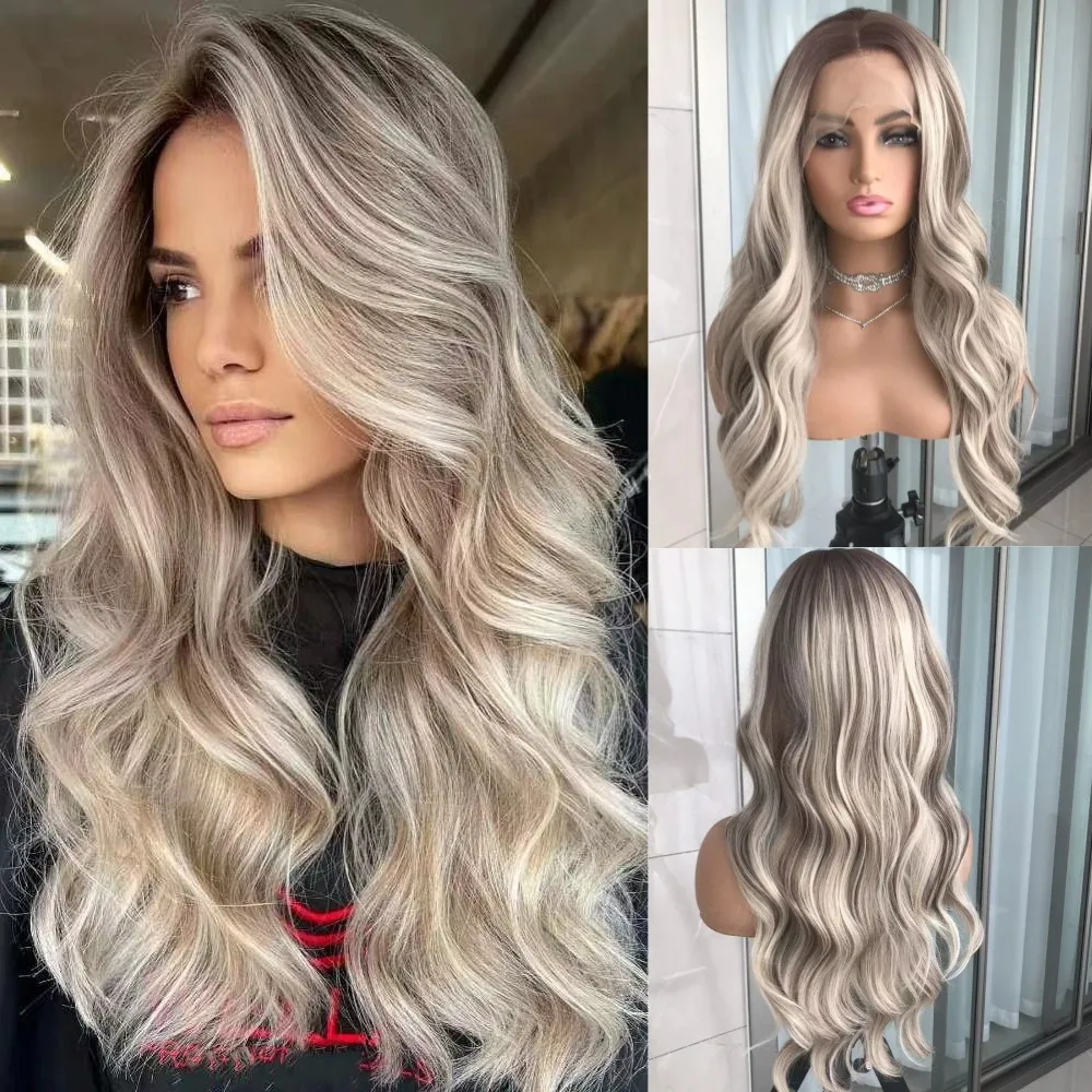 Long Wavy Lace Front Synthetic Wig for Women Highlight Blonde 13x4&rdquo; Lace Frontal Body Wave Wigs Preplucked Daily Cosplay synthetic wig