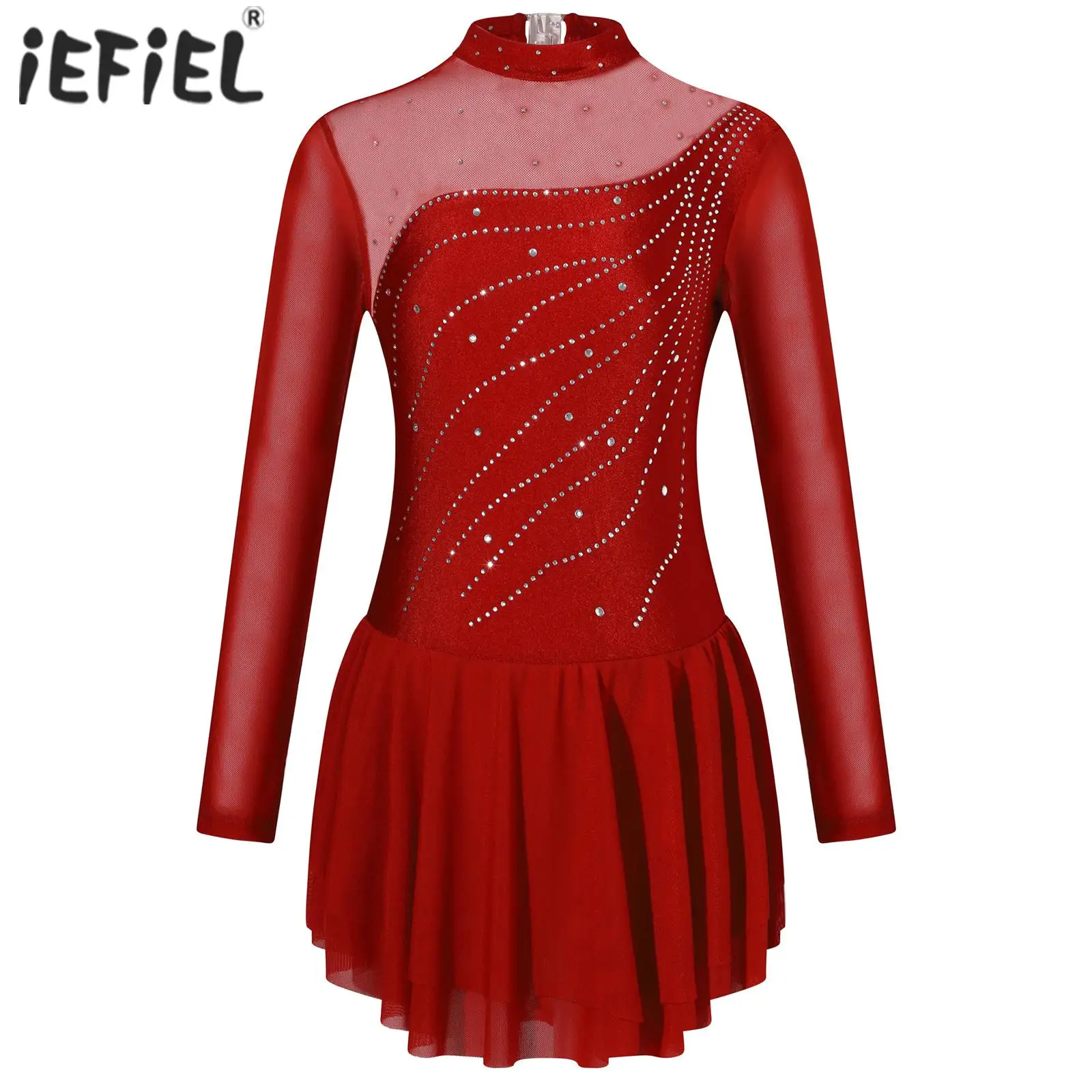 

Kids Girls Ballerina Tutu Dress Gymnatics Dance Outfit Long Sleeve Stand Collar Glitter Rhinestone Figure Skating Dance Dress