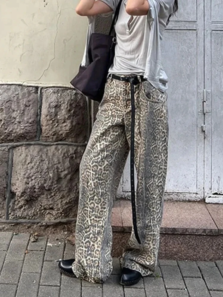 Y2K American Leopard Washed Jeans Female Street Retro Hot Girl Loose Pants Korean Style Casual High Waist Straight Jeans Women