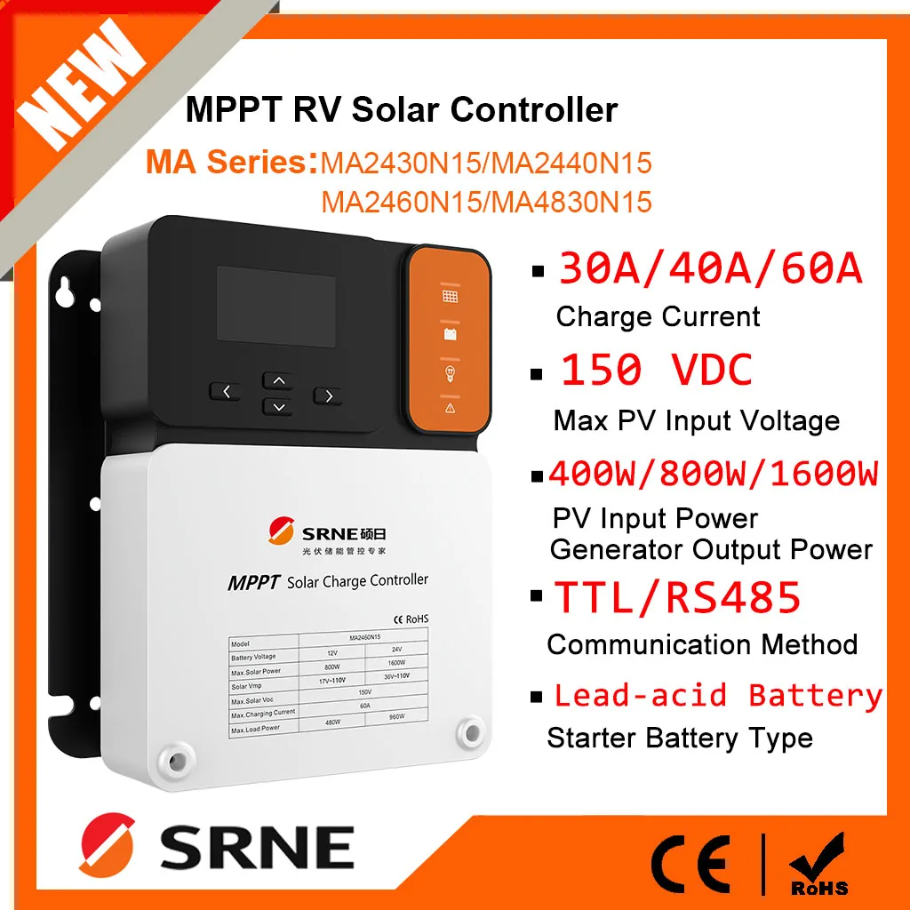 SRNE MA Series MPPT 30A 40A 60A RV Solar Charge Controller PV Max Input