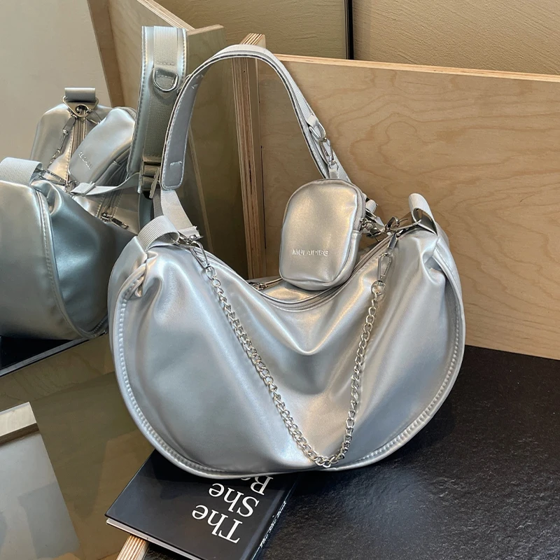 

Hobos Crossboy Bag Luxury Designer Silver Pu Leather Handbag 2 In 1 Shoulder Bags Large Capacity Dumpling Messenger Bag Sac