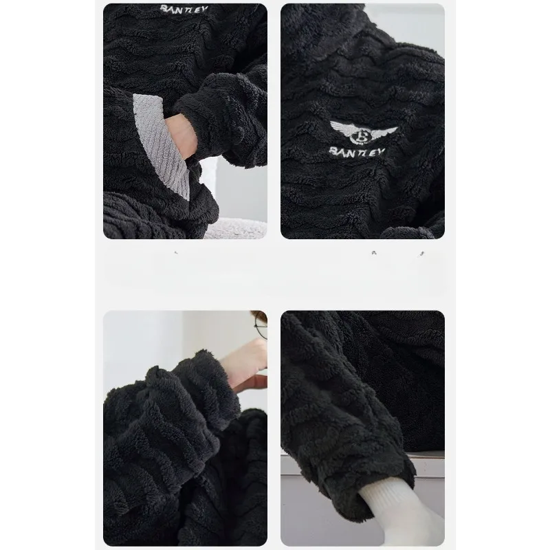 Male Coral Velvet Pajamas Winter Men Fleece-lined Thickened Flannel Homewear Suit Stand-up Collar Thermal Large Size Sleepwear