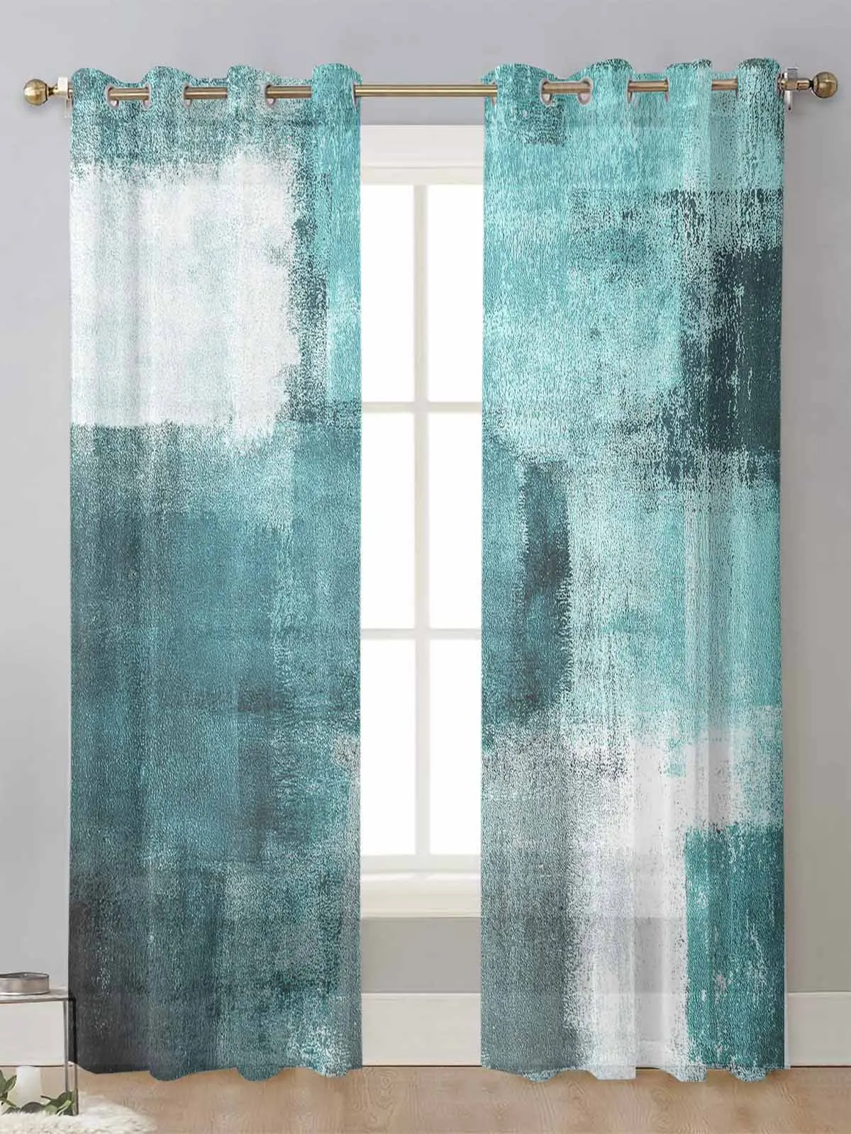 

Oil Painting Abstract Geometric Aqua Sheer Curtains For Living Room Window Voile Tulle Curtain Cortinas Drapes Home Decor