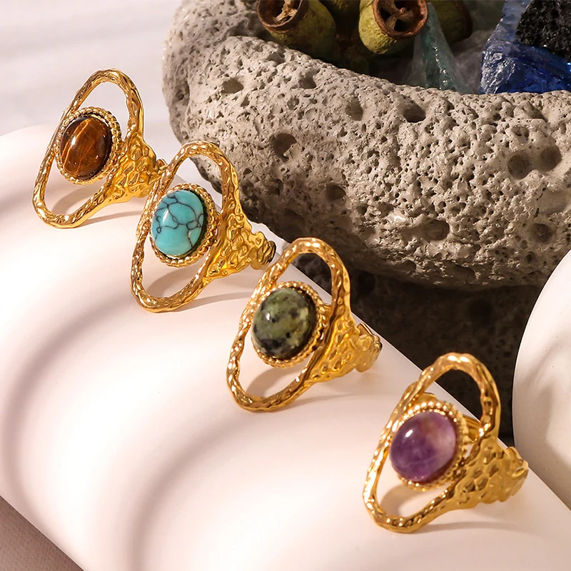 PRISCA | Offener Ring aus Naturstein für Damen. Edelstahl. Charms Handschmuck. Einstellbar. Neu – Detail 2