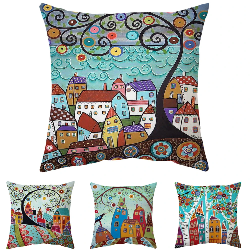 

2022Retro Rural Color Cities Cushion Cover for Sofa Home Car Decor Colorful Cartoon House Pillowcase Tree Short Plush Pillowcase