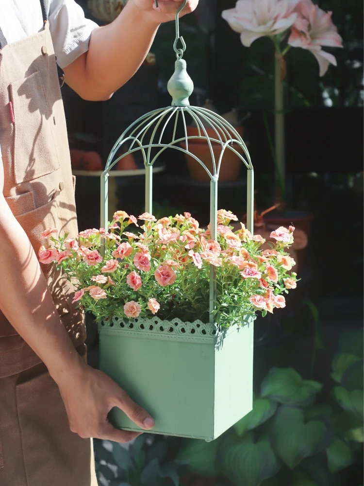 

Hanging Basket Flower Pot Metal Ironwork Green Retro Style Bird Cage Shape Plantpot Suspension Outdoor Courtyard Garden Decorate