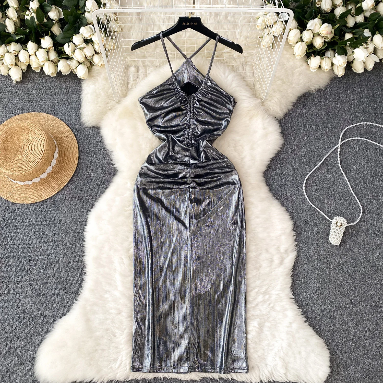 

Sexy Solid Backless Slip Split Dress Chic Vintage Beach Vacation Sundress Women Casual Birthday Slim Hip Wrap Dress