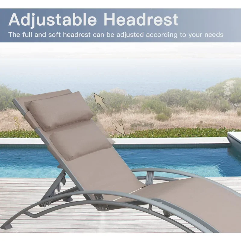 Lounge Chair Set of 3, Aluminum Lounge Chairs for Outside with 5 Adjustable Positions,2 Pool Chairs and 1 Side Table(Khaki)