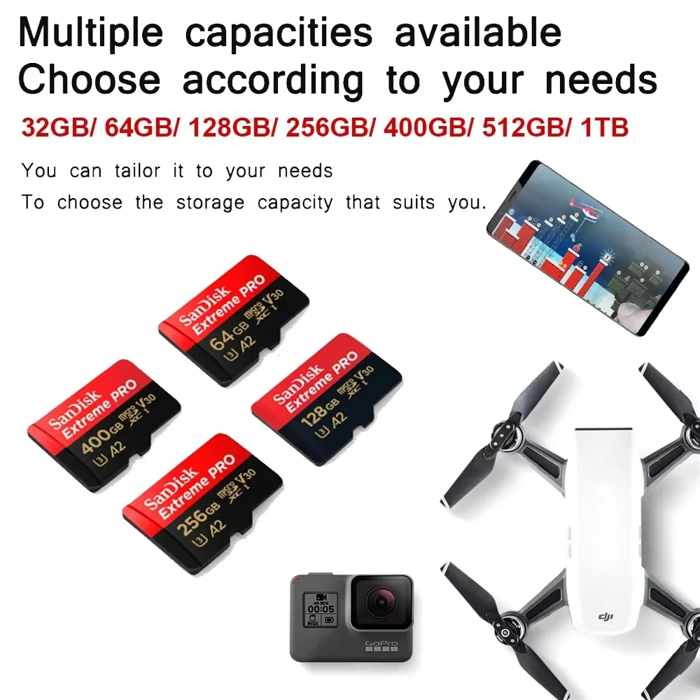 SanDisk A2 마이크로SD 카드 U3 V30 클래스 10 200MB/s 읽기 속도 TF 플래시 메모리 카드 32GB 64GB 128GB 256GB 512GB