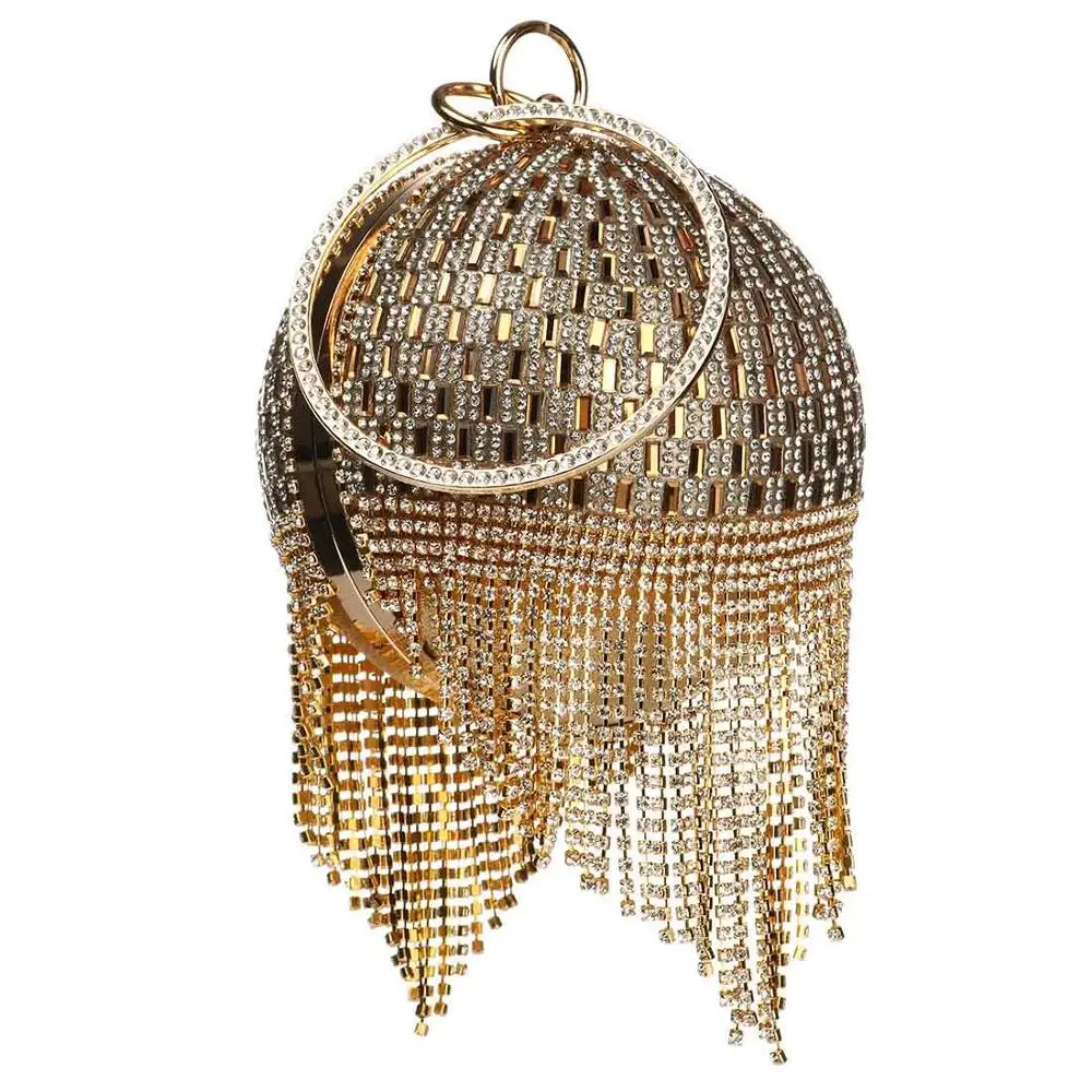 Sliver Diamonds Rhinestone Round Ball Evening Bags For Women 2021 Fashion Mini Tassels Clutch Bag Ladies Ring Handbag Clutches 