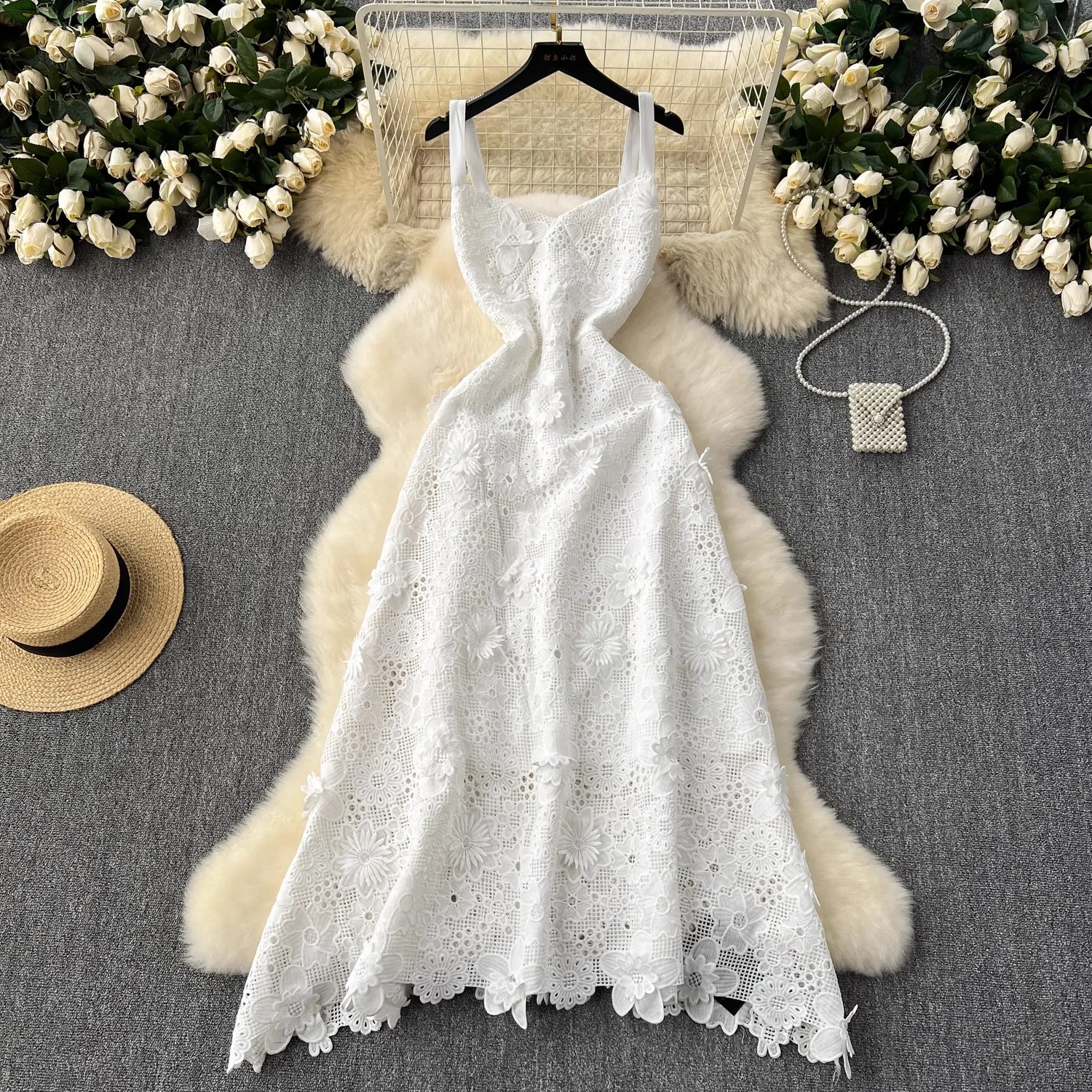 

White Lace Dress for Women Hollow Out Summer Holiday V-neck Elegant Womens Clothing Sleeveless Spaghetti Strapped Vestidos