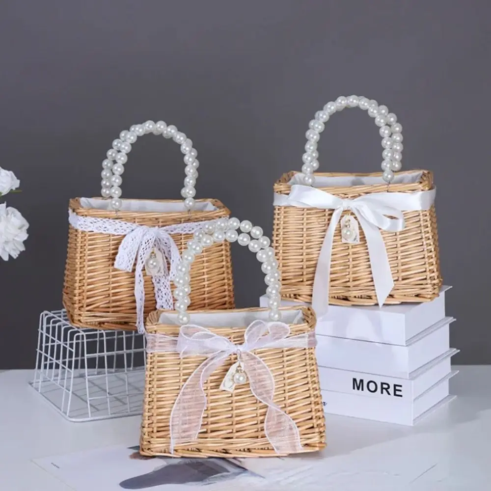 Straw Tote Hand Bags Summer Pearl Handle Handmade Knitted Handbag Storage Rattan Weaving Basket Shoulder Bag Women Girls