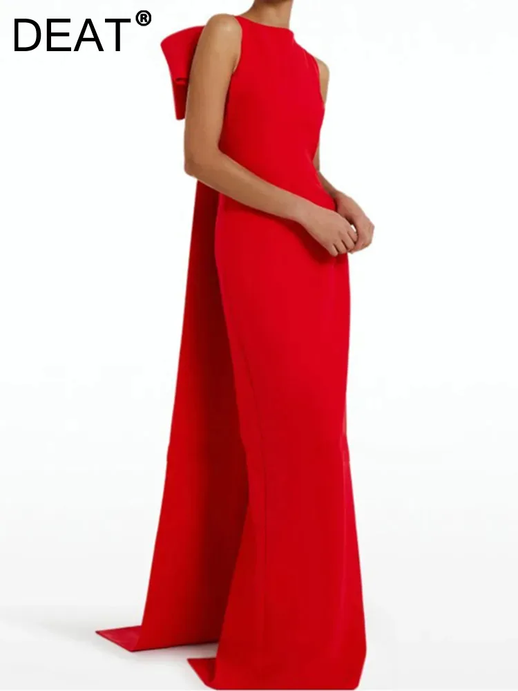 

Женское облегающее вечернее платье до пола DEAT, элегантное платье с О-образным вырезом и большим бантом, модель 13DA3274 на весну, 2024