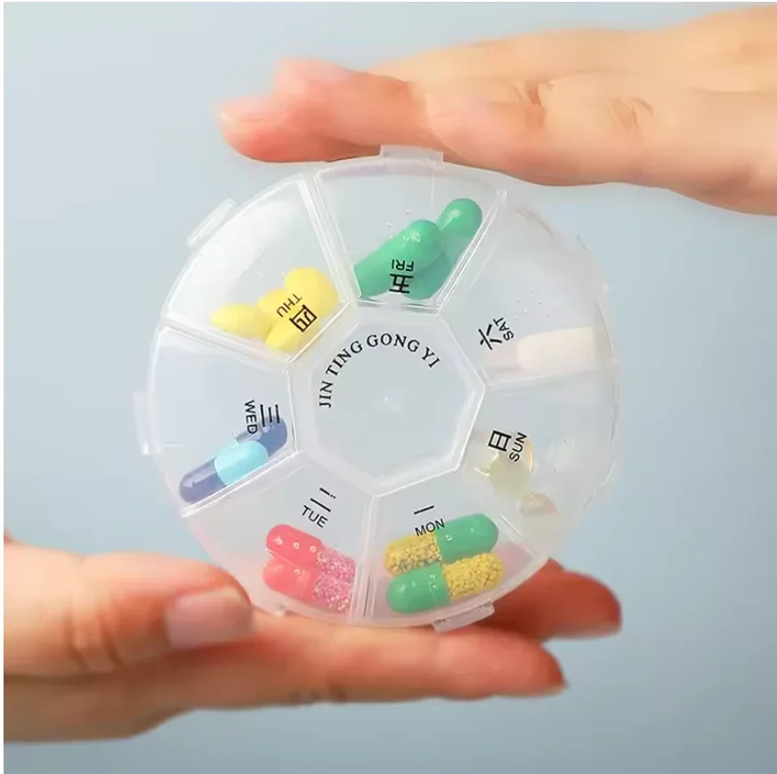 7 Days Weekly Sort Tablet Holder Portable Pillbox Separate Container Round Plastic Transparent Health Care for Home Travel