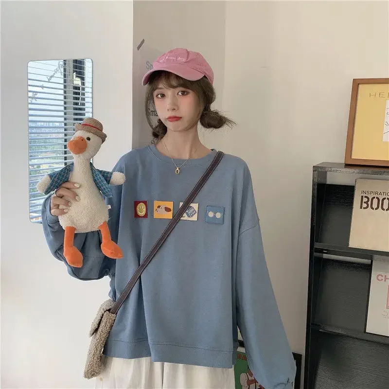 Simple Women Tops Cartoon Printed Loose Casual Thin Sweatshirts Spring Autumn Bottom Clothing Chic O-Neck Pullovers Streetwear