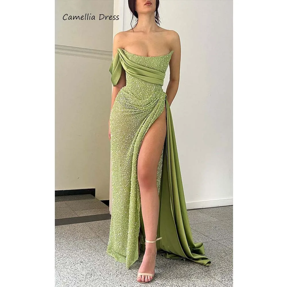 

Unique Prom Dress Sheath Glittery One Shoulder With Slit Prom Dresses Woman Party Night Floor-Length Robe De Soiree فستان سهرة