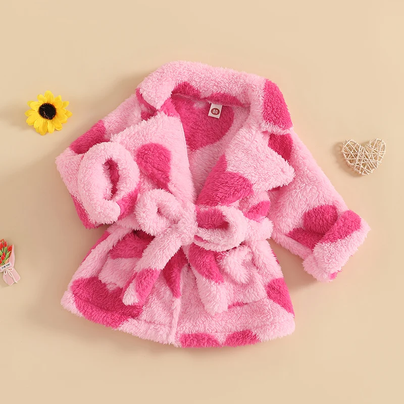 Valentine s Day Toddler Girls Heart Print Fleece Bathrobe with Tie Waist and Long Sleeves-Cozy Kimono Robe for Loungewear and