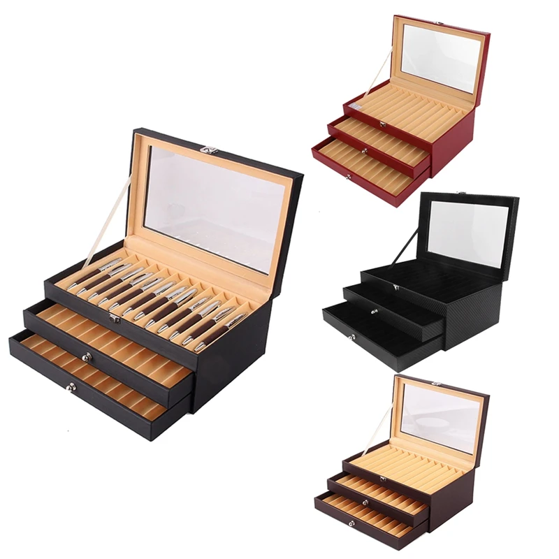 

1 Piece 36 Slots Wooden Pen Display Storage Box Luxury 3 Layer PU Pen Case Glass Window Fountain Case Pen-Collection Organizer 1
