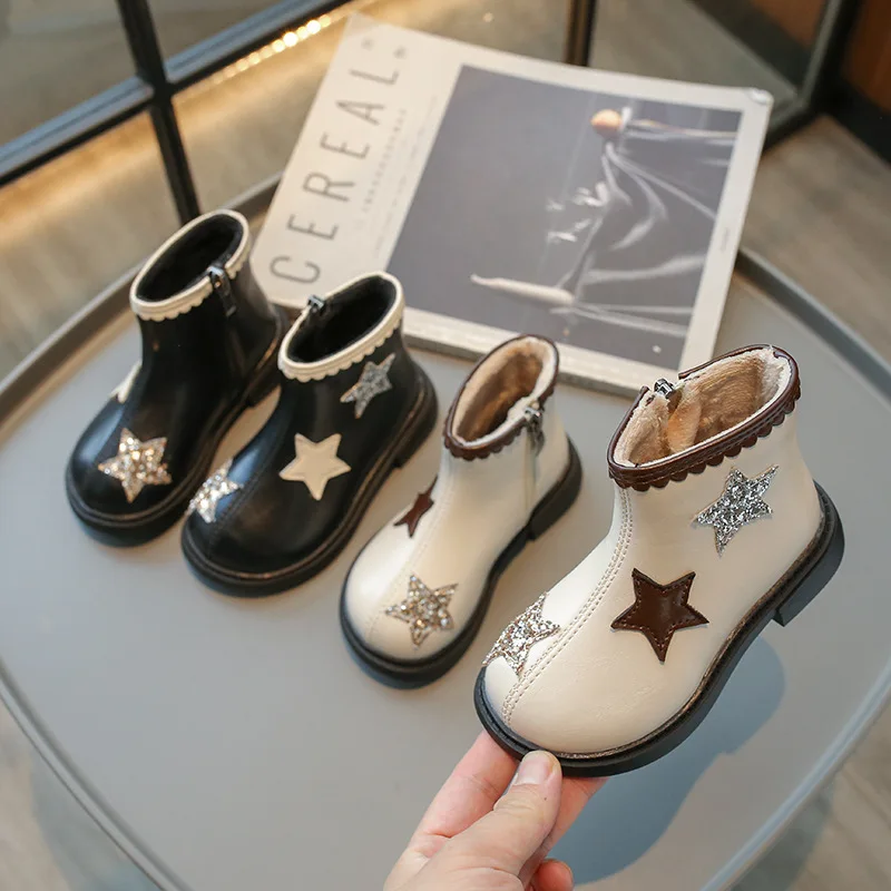 

2023 Sequin Girls Boots Plus Velvet Warm Winter Boots Fashion Soft Leather Princess Shoes Soft Sole Non-slip Kids Ankle Boots