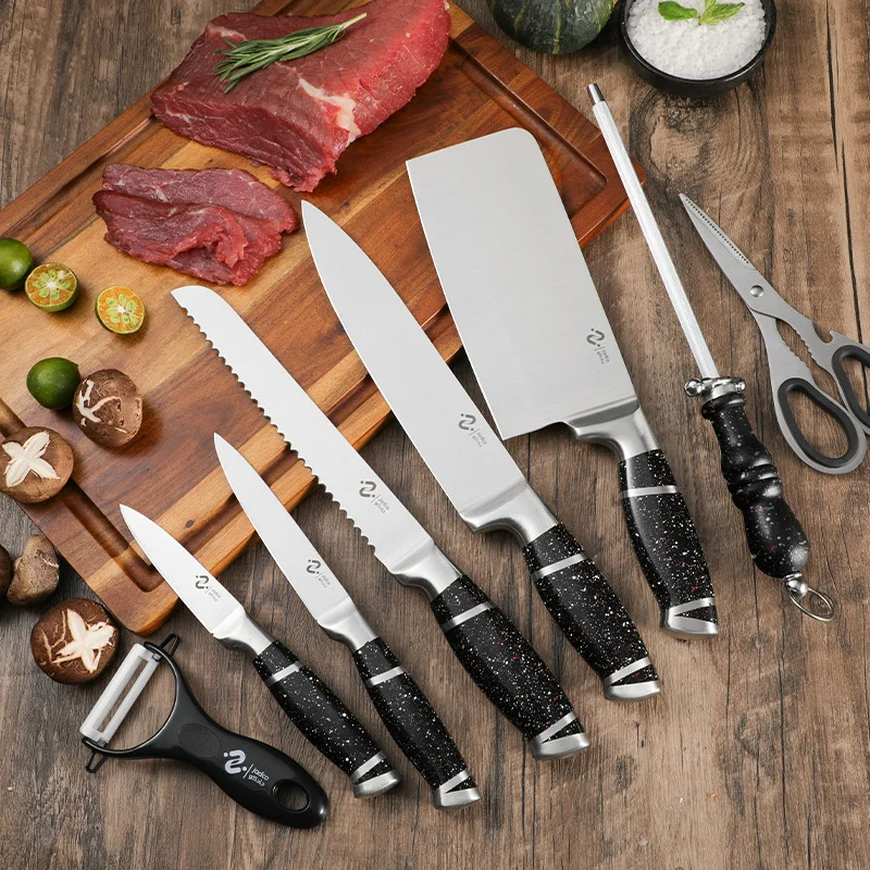 ZENG Küchenmesser-Set aus Edelstahl, Kochmesser, scharfes Fleischschneiden, Kochmesser, Schere, Brotmesser, Obstschäler ﻿ – Detail 1