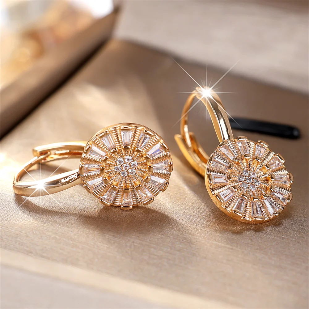 Luxury Crystal White Zircon Round Flower Hoop Earrings For Women Vintage Gold Color Ear Buckle Wedding Jewelry Versatile Gifts