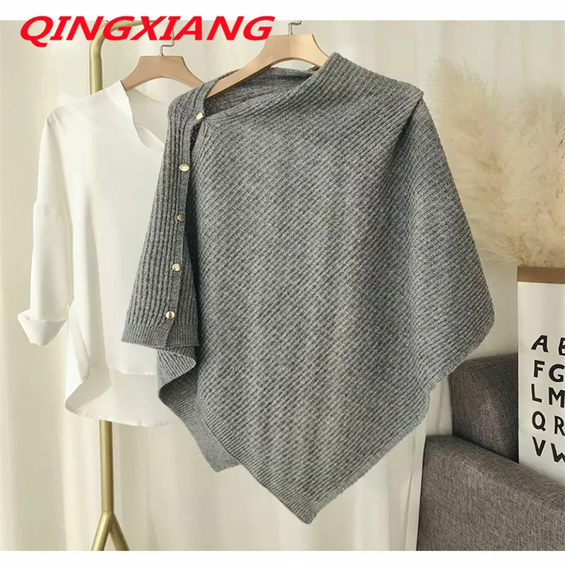 7 Colors Loose Autumn Shawl Smock Black Knitted Button Cardigan Overall Capes Women Fashion Thin Poncho Knitwear Ring Used