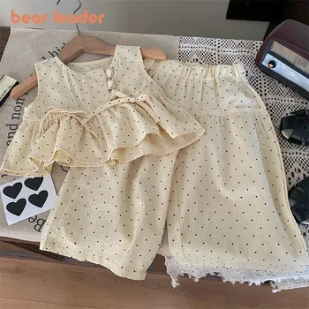 Bear Leader 2024 Summer New Girls' Clothing Polka Dot Love Single Breasted Top+ Pants 2P Set Girls' Clothing Children's Cute Set