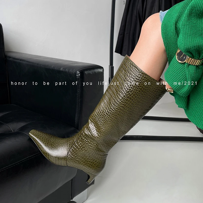 

Women mid-calf boots natural leather 22-24.5 CM Snake-print microfiber leatherr modern boots square toe chunky heel long boots