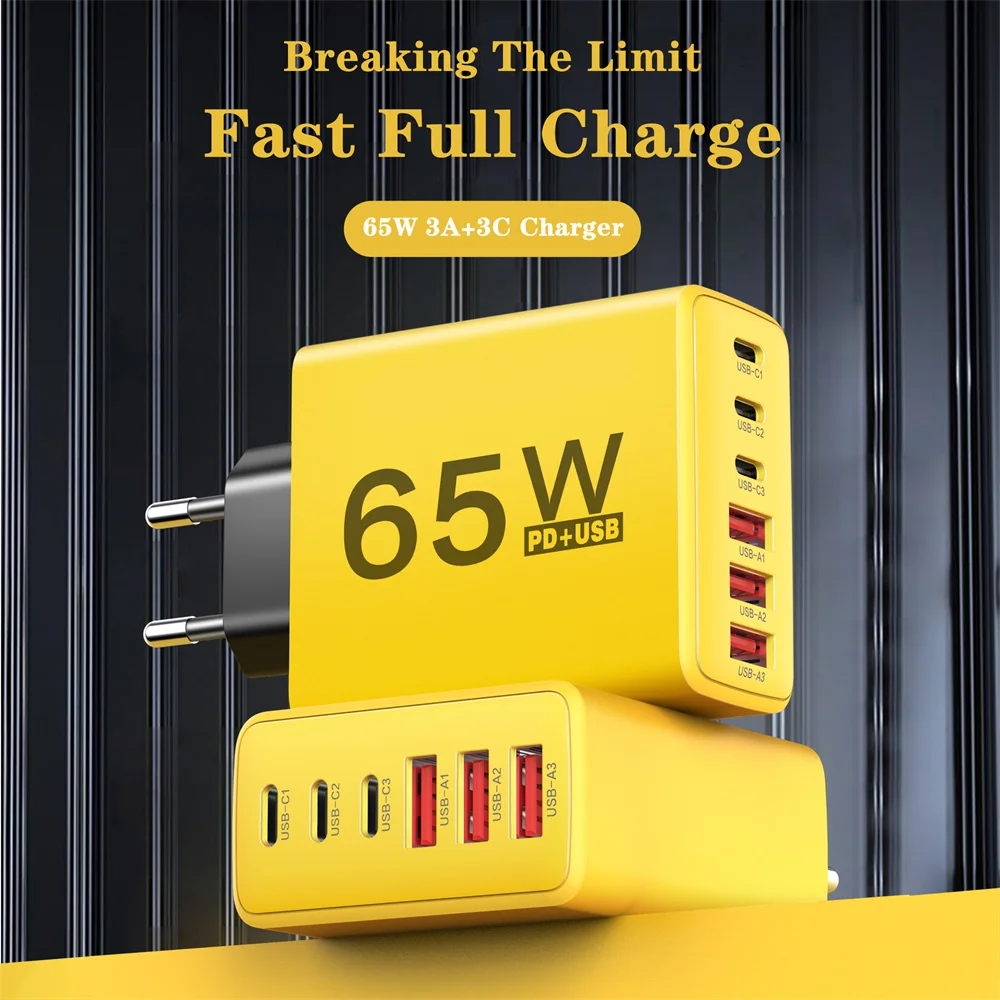 Total 65W USB C Charger Multiple 6 Ports Type C PD Fast Charging Mobile Phone Wall Adapter for iPhone 16 15 Pro Xiaomi Samsung BEST SELLERS