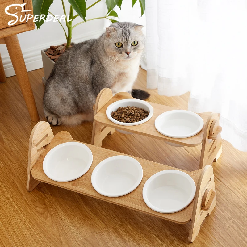 Pet Bowl For Cats and Small Dogs Puppy Cat Dog Food and Water Bowl Wooden Stand Feeder Raised Ceramic Dish Pet Supplies