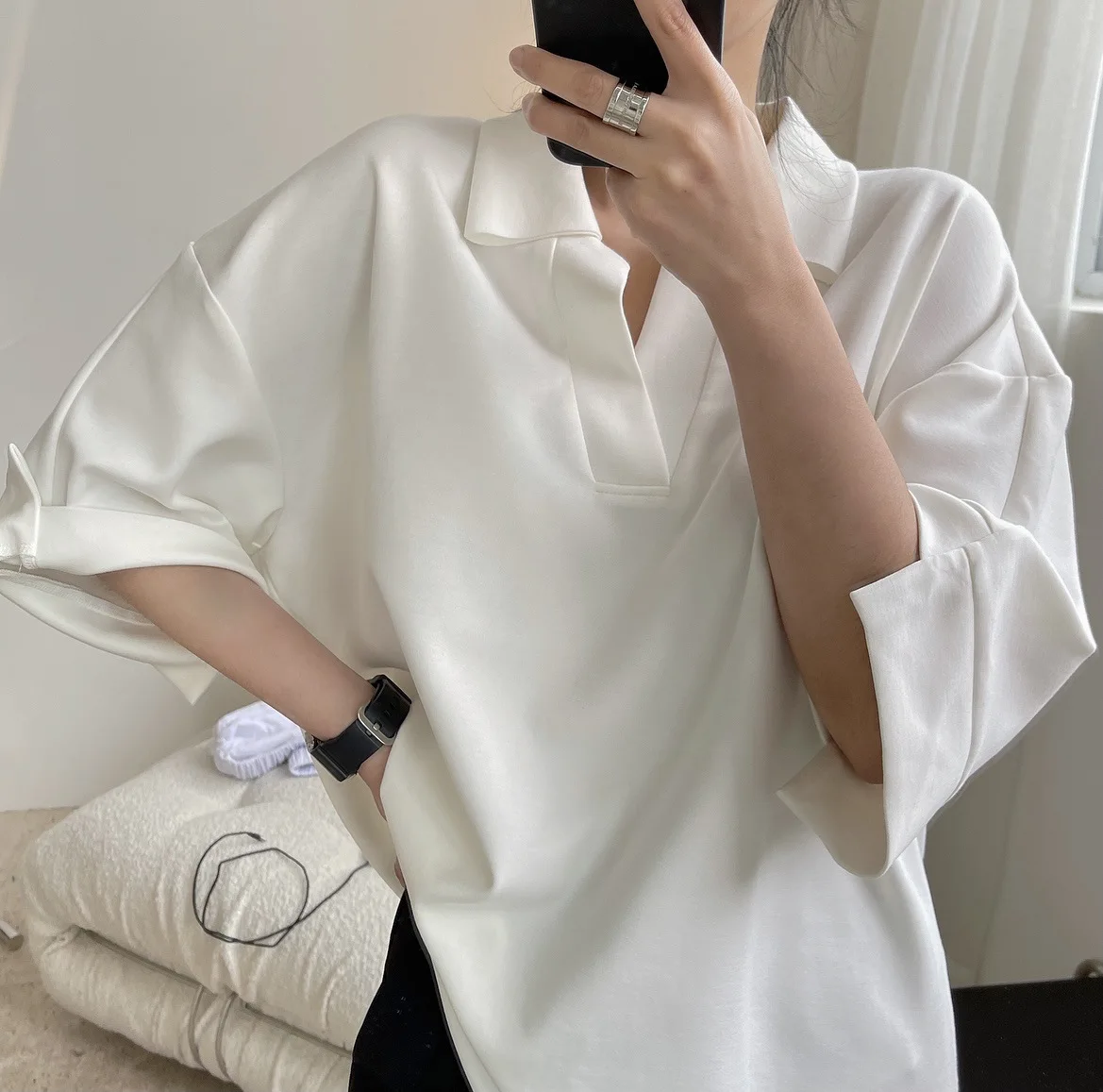 

Summer New V-Neck Silhouette Air Layer Solid Color Polo T-shirt Women's Loose Top