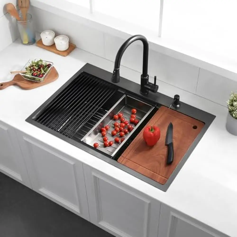 33" Black Stainless Steel Drop In Kitchen Sink with Workstation Quiet Operation Easy Clean Complete Set 2