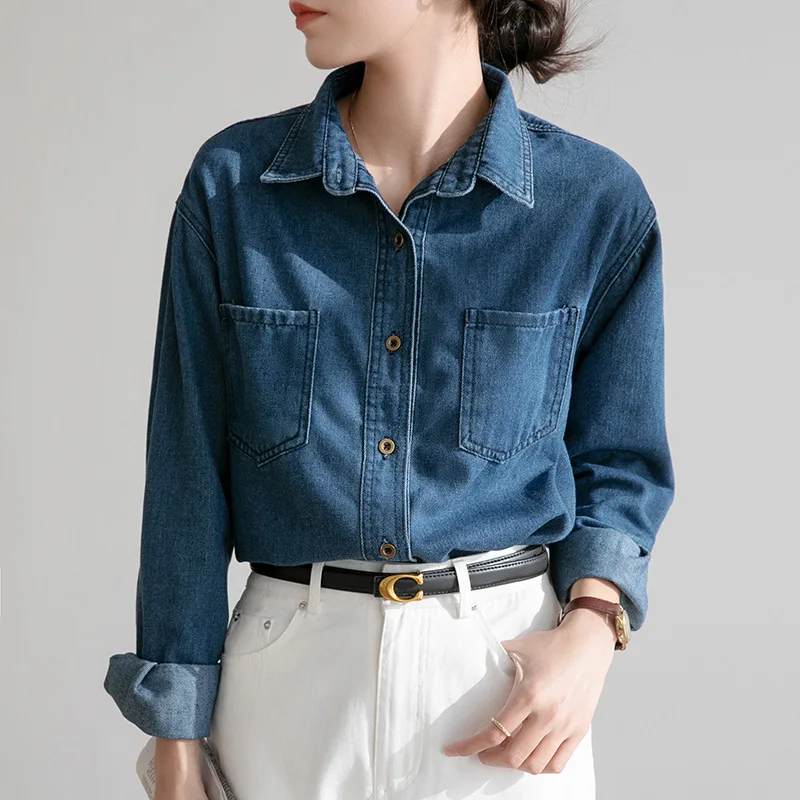 

New Women Vintage Denim Shirts Spring Autumn Long Sleeve Loose Casual Jeans Blouse Kroean Tops