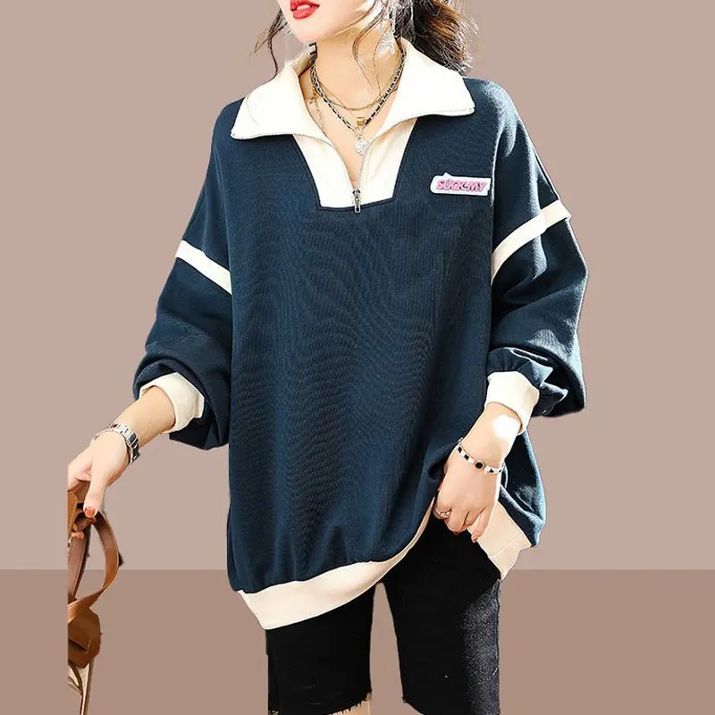Female Casual All-match Solid Color Spliced Sweatshirts Fashion Zipper Spring Autumn Standard Polo-Neck Long Sleeve Pullovers sweatshirts color block zipper collar pullover sweatshirt in multicolor size l m
