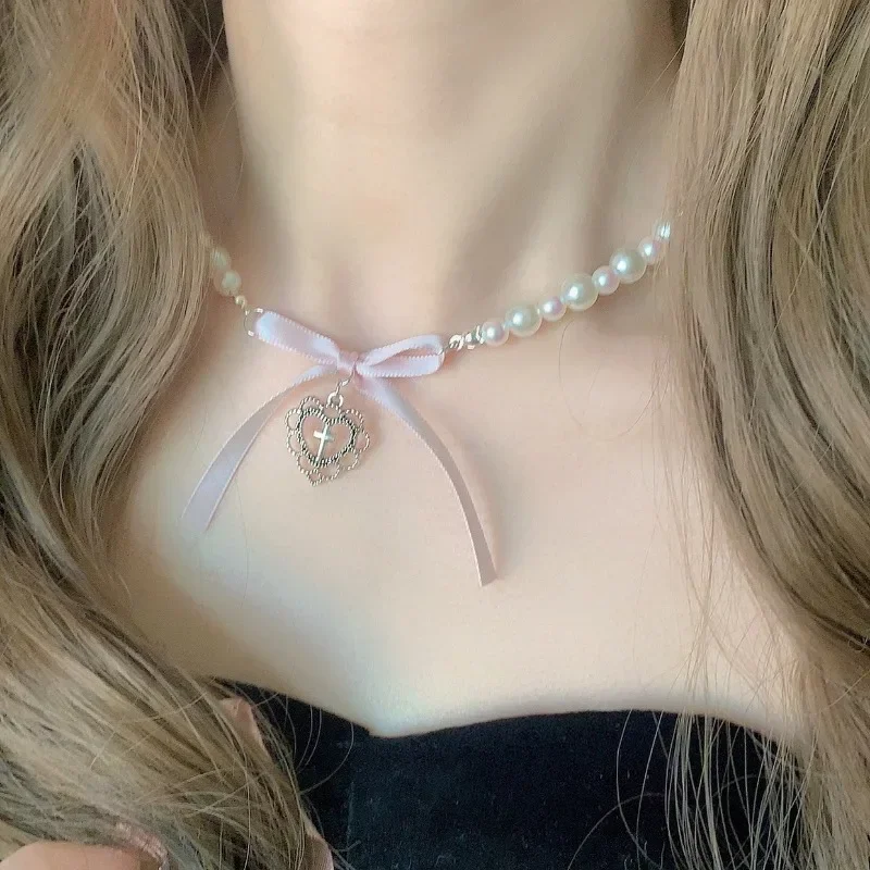 Pink Ribbon Bow Heart Pendant Imitation Pearl Beads Choker Necklace Y2K Sweet Cute Clavicle Chain Girl Lolita Jewelry 2 Pink Ribbon Bow Heart Pendant Imitation Pearl Beads Choker Necklace Y2K Sweet Cute Clavicle Chain Girl Lolita Jewelry 2