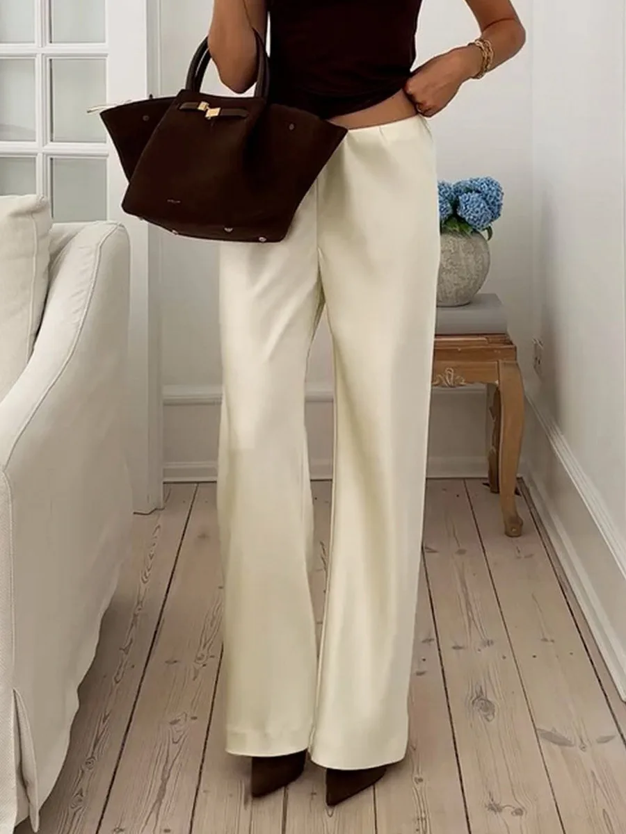 Bornladies Women's 2026 Spring Summer New Solid Satin Pants Fashionable Comfortable Satin Mid-Waist Straight-Leg Casual Pants
