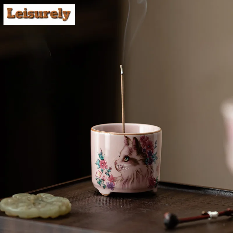 Pink Ru Kiln Flower Cat Three Legged Incense Holder Luxury Censer Scented Aromatic Candles Tea Items Equipment Ornaments Craft
