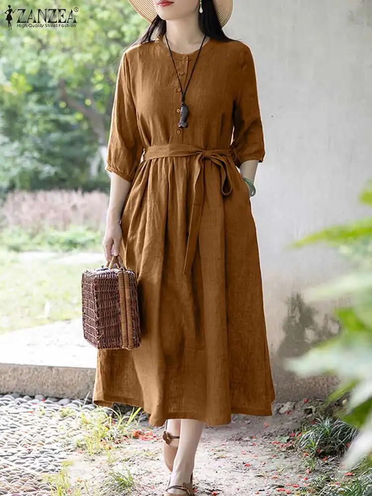 

Vintage Solid Pleated Dress Women 3/4 Sleeve Shirt Vestidos ZANZEA 2023 Autumn Sundress Casual Solid A Line Party Work Dresses