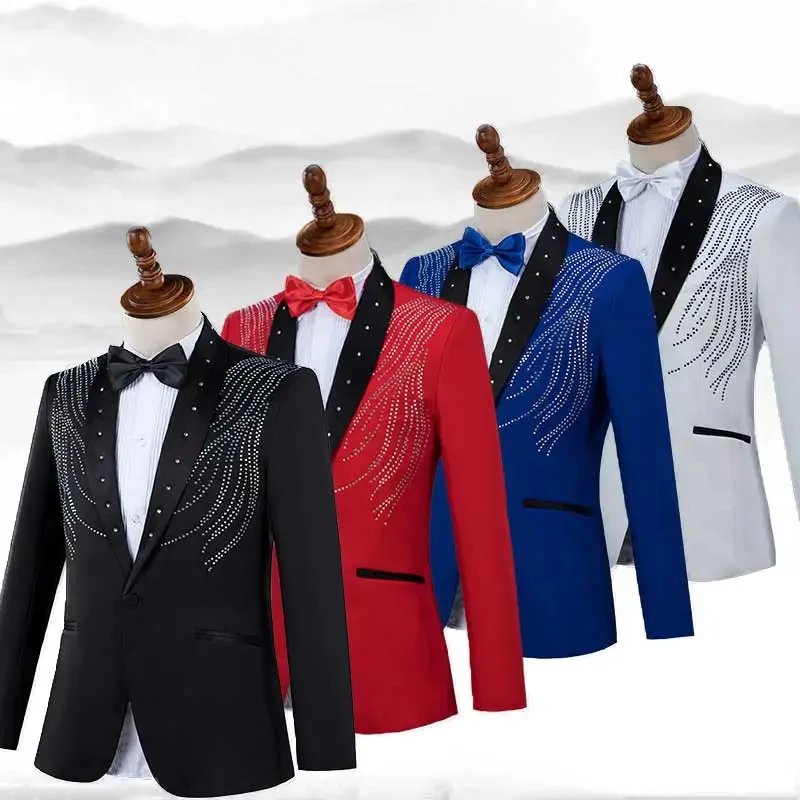 

Fashion Crystal Patchwork Men Suit 2 Piece White Red Shawl Collar One Button Costume Homme Wedding Party Tuxedo Blazer Pants Set