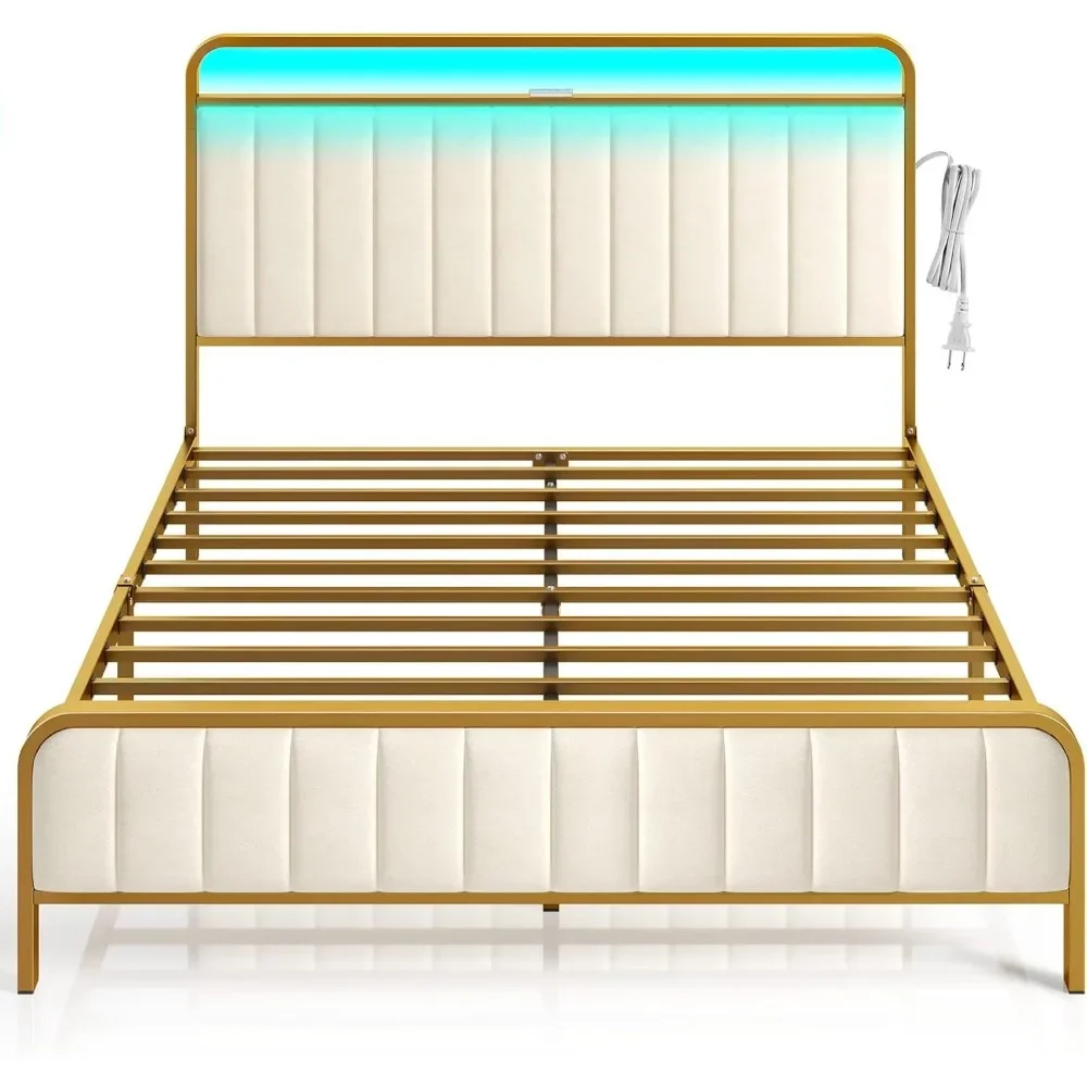 Queen Size Bed Frame with LED Light and Charging Station, Upholstered Headboard and Footboard, Metal Slat, Noise Free Bed 4