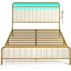 Queen Size Bed Frame with LED Light and Charging Station, Upholstered Headboard and Footboard, Metal Slat, Noise Free Bed 4