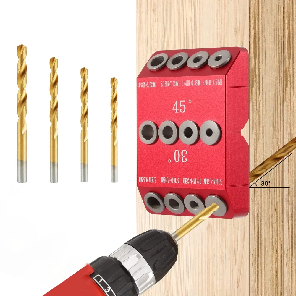 

30/45/90° Angle Drill Hole Guide Jig for Angled and Straight Hole,Cable Railing Lag Screw Drilling Template,4 Drill Bits