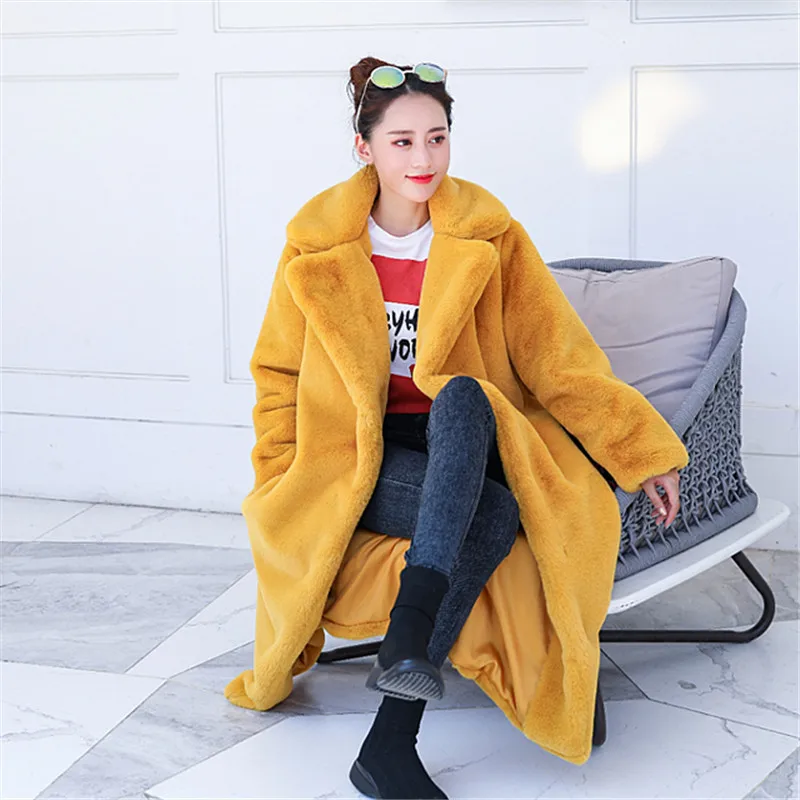 Winter Women High Quality Faux Rabbit Luxury Long Fur Coat Loose Elegant Lapel OverCoat Thick Warm Plus Size Female Plush Coats