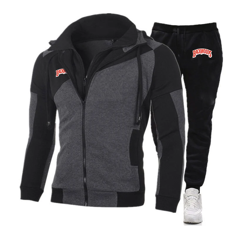2024 Men's Backwoods Spring and Autumn New Color Matching Hoodie Tracksuit Sporting Casual Tops + Pants Diagonal Zipper Suit 3