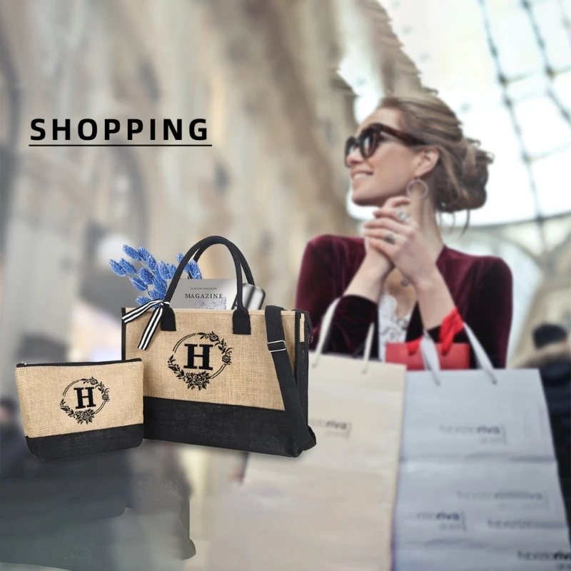 

2Pcs/set Large-Capacity Linen Canvas Beach Bags Letter Gift Tote Bag One-Shoulder Shopping Bag for Women Bridesmaids