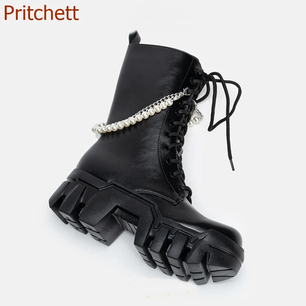 Round Toe Metal Chain Women Boots Mid Calf Cross Tied Fashion Mid Calf Casual Comfortbale Office Women Shoes 2023 New Arrivals