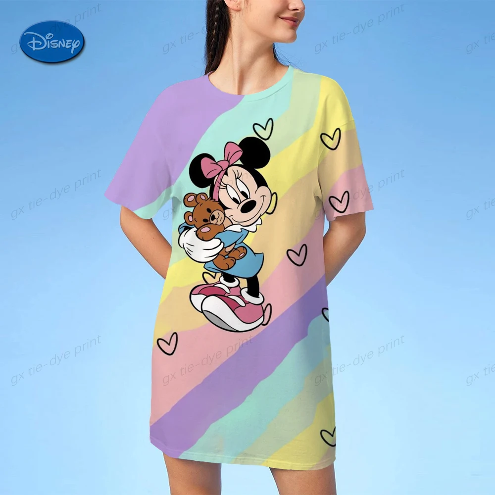 

Disney Mickey Minnie Mouse Dress Elegant Women Short Sleeve Summer Party Dress Lady Casual ONeck short sleeve T Shirt Dress