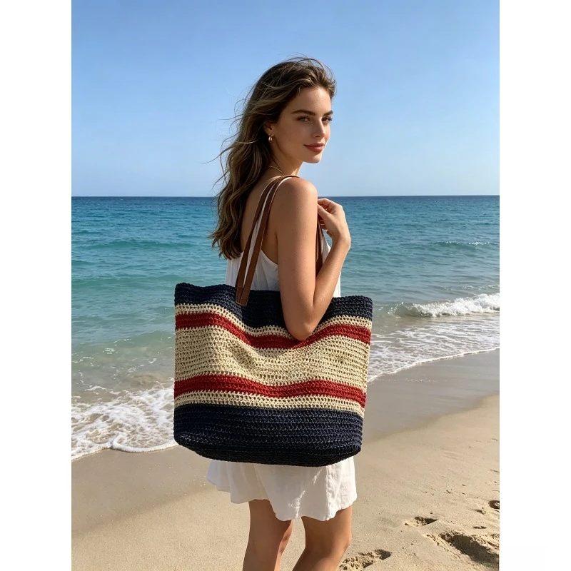 1/2 Stück Farbkontrast-Streifenmuster Gewebte Strohtasche im Urlaubsstil Große Kapazität Tragetasche Damen Schultertasche
