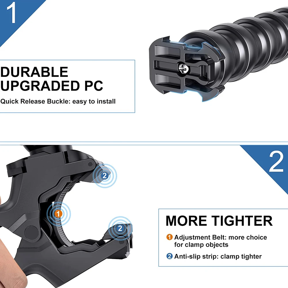 Flex Clamp 8 Joints Jaws Mount Adjustable Gooseneck Mount for GoPro Hero 12 11 10 9 8 7 6 5 4 Session Insta 360 DJI Cameras