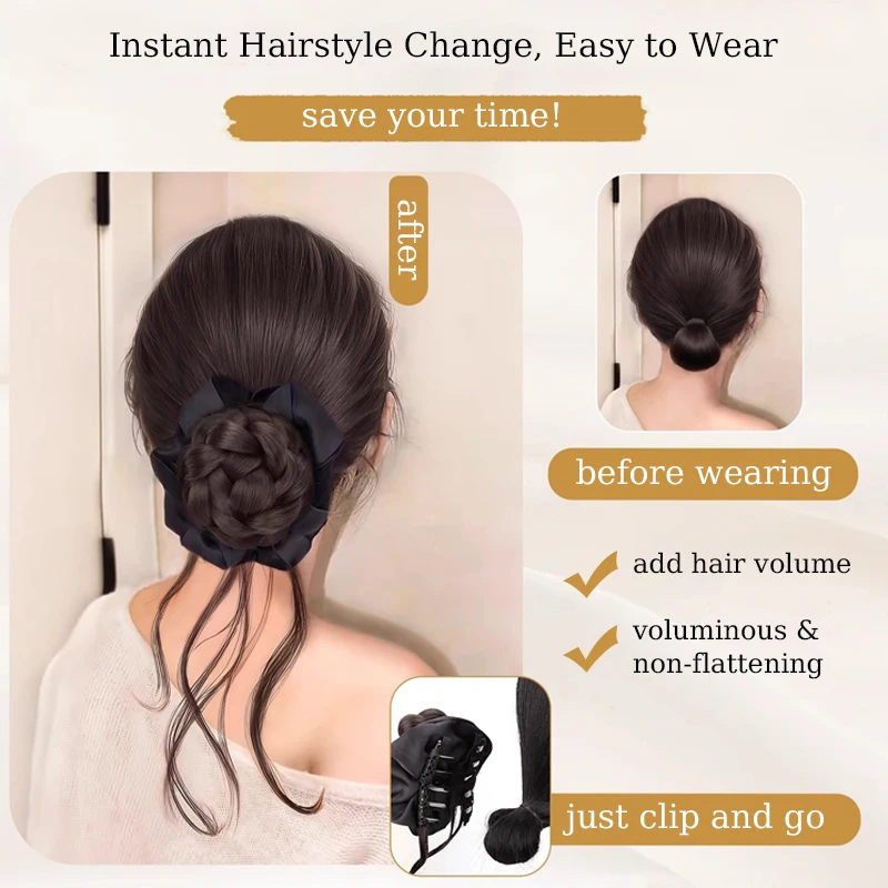 Synthetic Balletcore Braided Hair Bun Extensions Wig Claw Clip Updo Hair with Black Scrunchies Women Hairpiece for Daily Use